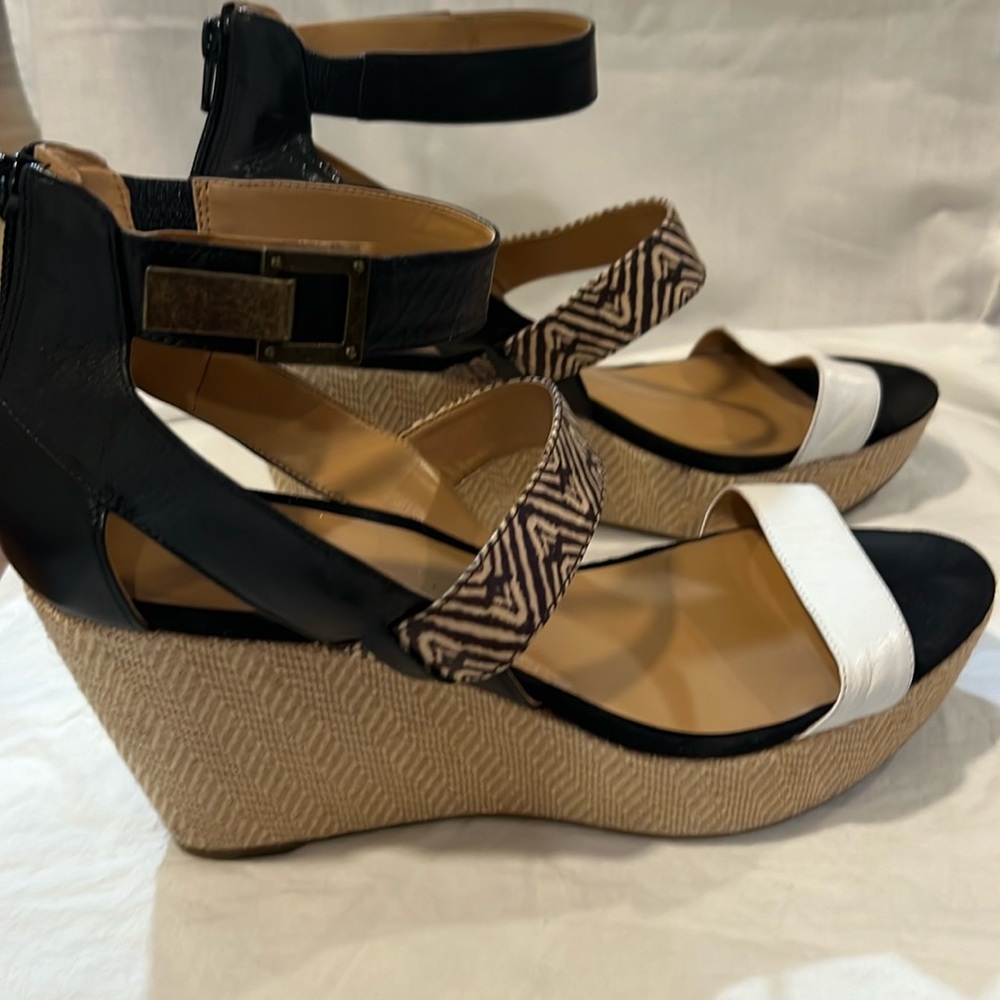 Nine West Enlighten Wedge Sandals, Black Multi, Size 10M Worn Gently